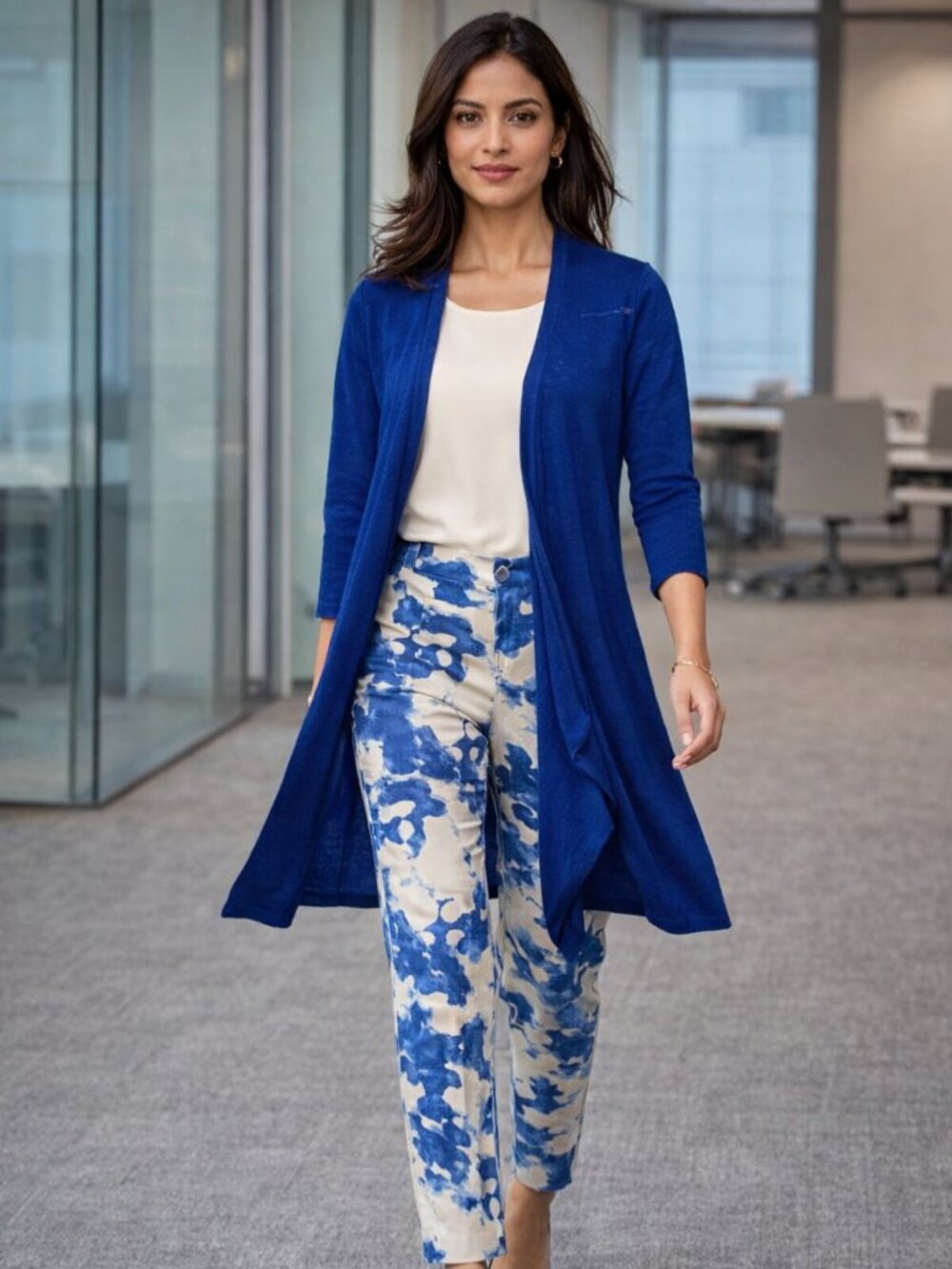 Jones New York Women Blue One Button Sheer Waterfall Cardigan Sweater Academia M